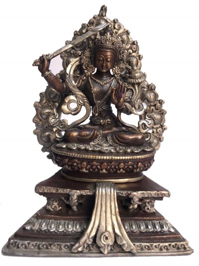 Tibetan Statue Of Manjushri, On Throne, [silver Plated Oxidized]