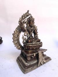 Tibetan Statue Of Manjushri, On Throne, [silver Plated Oxidized]
