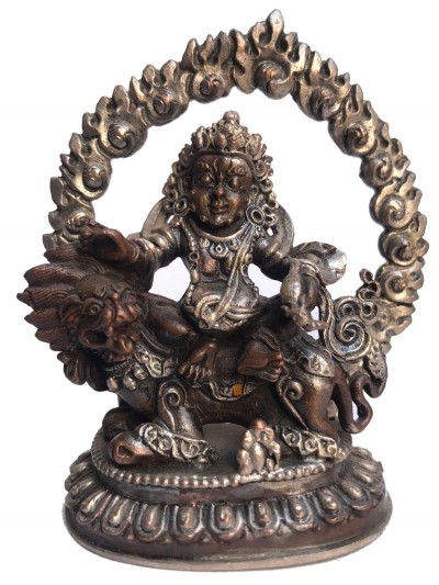 Tibetan Statue Of Namtose Vaisravana Lion Jambhala, [silver Plated Oxidized]