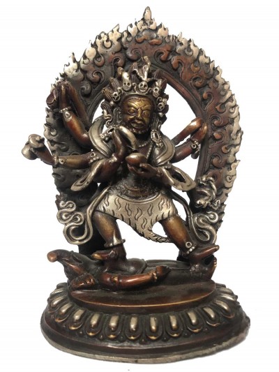 Tibetan Statue Of Black Mahakala, [silver Plated Oxidized]