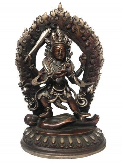 Tibetan Statue Of Mahakala 4 Arms, [silver Plated Oxidized]