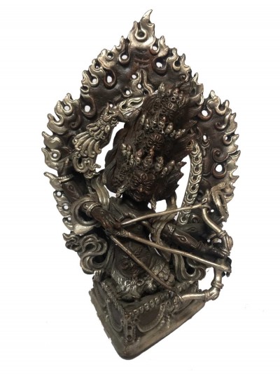 Tibetan Statue Of Rahula, [silver Plated Oxidized]
