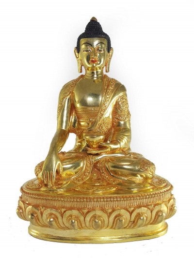 Tibetan Statue Of Shakyamuni Buddha,with Ashtamangala Carving [full Fire Gold Plated], [painted Face]
