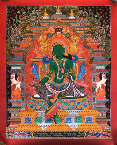 Tibetan Thangka Of Green Tara In [newari Paubha], With [real Gold]