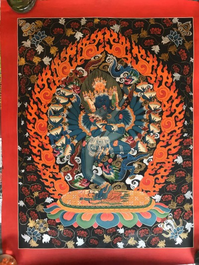 Tibetan Thangka Of Hevajra - Heruka With Consort, [shakti], Yab-yum In [newari Paubha], With [real Gold]