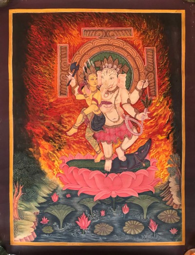 Tibetan Thangka Of Dancing Ganesh In [newari Paubha] Antique Finishing