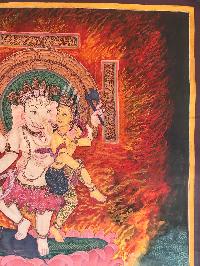 Tibetan Thangka Of Dancing Ganesh In [newari Paubha] Antique Finishing