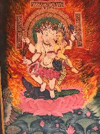 Tibetan Thangka Of Dancing Ganesh In [newari Paubha] Antique Finishing