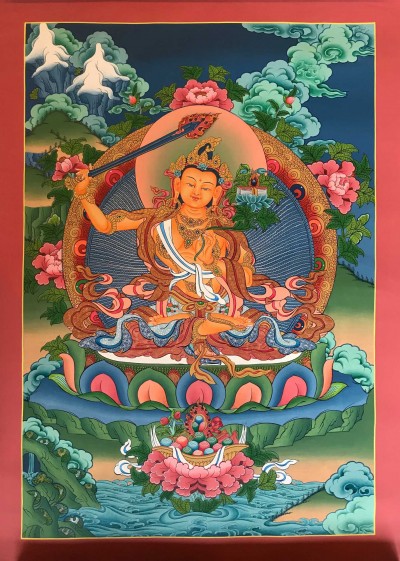 Tibetan Thangka Of Manjushri,traditional Color, [using Real Gold]