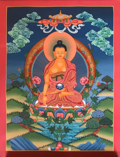 Tibetan Thangka Of Shakyamuni Buddha,traditional Color, [using Real Gold]