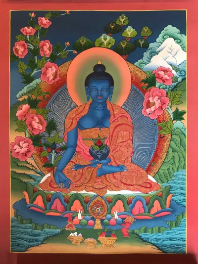 Tibetan Thangka Of Medicine Buddha,traditional Color, [using Real Gold]