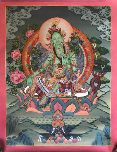 Tibetan Thangka Of Green Tara,traditional Color, [using Real Gold]