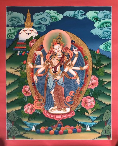 Tibetan Thangka Of Standing Vasudhara,traditional Color, [using Real Gold]