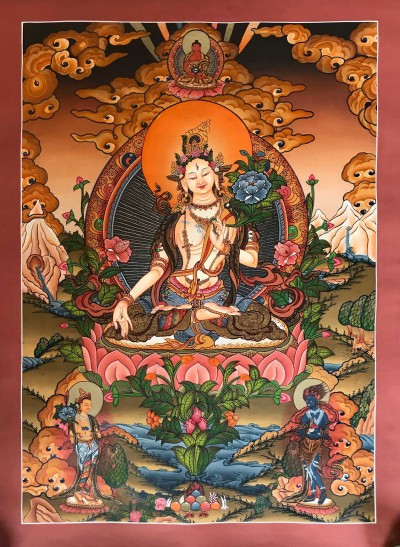 Tibetan Thangka Of White Tara,traditional Color, [using Real Gold]