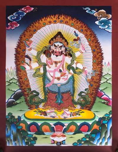 Tibetan Thangka Of White Mahakala,traditional Color, [using Real Gold]