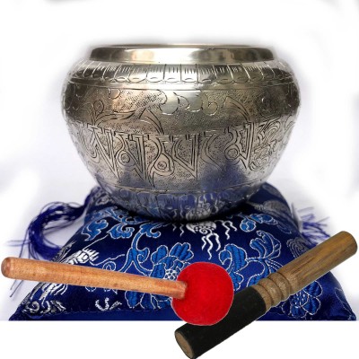 Gulpa Singing Bowl With Om Mani Padme Hum [fine Carving], [silver Plated], [select Accessories]