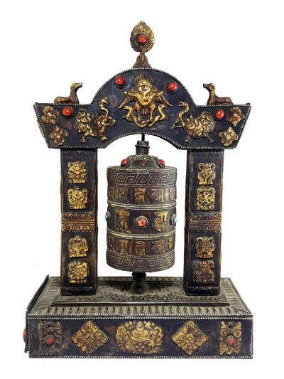 Copper Prayer Wheel With Stand With Combo Incense Holder, [antique Finishing]