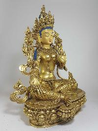 [hq], Tibetan Statue Of Green Tara [full Gold Plated] With [painted Face], And Deep Carving