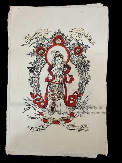 Printed On Handmade Lokta Paper, [hand Painted], [screen Print], Green Tara