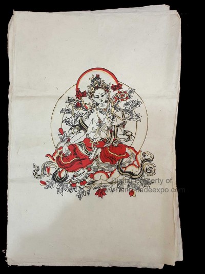 Printed On Handmade Lokta Paper, [hand Painted], [screen Print], Green Tara