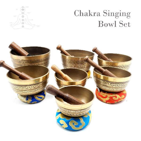 7 Chakra Set, Singing Bowl Set, [bronze], [oxidized], [itiching Carving], [select Accessories]