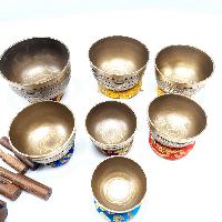 7 Chakra Set, Singing Bowl Set, [bronze], [oxidized], [itiching Carving], [select Accessories]