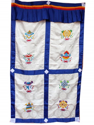 Brocade Tibetan Door Curtain, With [ashtamangala Embroidery], [red]