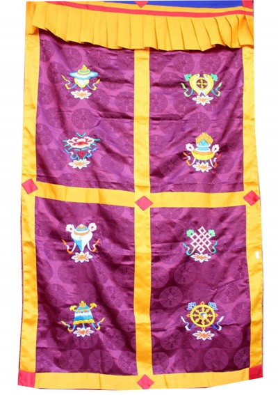 Brocade Tibetan Door Curtain, With [ashtamangala Embroidery], [red]
