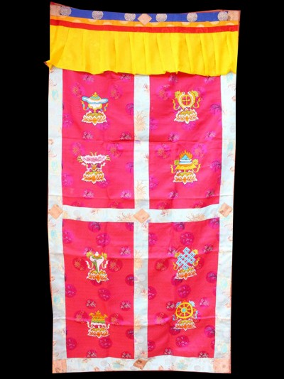 Brocade Tibetan Door Curtain, With [ashtamangala Embroidery], [red]