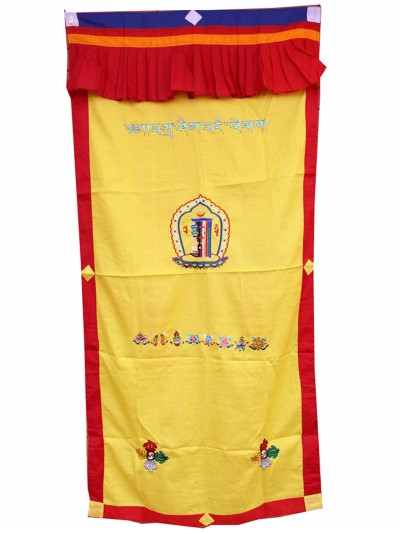 Brocade Tibetan Door Curtain, With [kalachakra Embroidery], [red On Yellow]