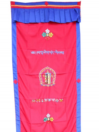 Brocade Tibetan Door Curtain, With [kalachakra Embroidery], [blue On Red]