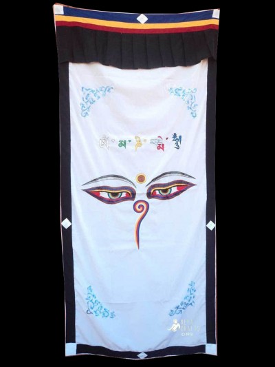 Tibetan Door Curtain, With [buddha Eyes Embroidery], [brown On White]