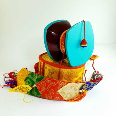 Tibetan Chod Damaru [medium], Wooden And Leather, With Brocade Damaru Drum Cover And Damaru Brocade Tail