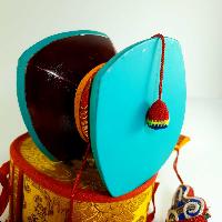 Tibetan Chod Damaru [medium], Wooden And Leather, With Brocade Damaru Drum Cover And Damaru Brocade Tail