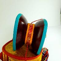 Tibetan Chod Damaru [medium], Wooden And Leather, With Brocade Damaru Drum Cover And Damaru Brocade Tail