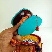 Tibetan Chod Damaru [medium], Wooden And Leather, With Brocade Damaru Drum Cover And Damaru Brocade Tail