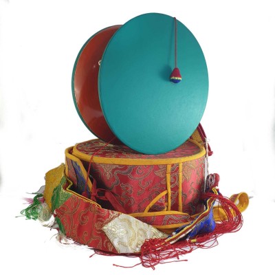 Tibetan Chod Damaru Round, [large], Wooden And Leather, With Brocade Damaru Drum Cover And Damaru Brocade Tail