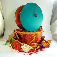Tibetan Chod Damaru Round, [large], Wooden And Leather, With Brocade Damaru Drum Cover And Damaru Brocade Tail