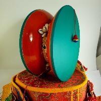 Tibetan Chod Damaru Round, [large], Wooden And Leather, With Brocade Damaru Drum Cover And Damaru Brocade Tail
