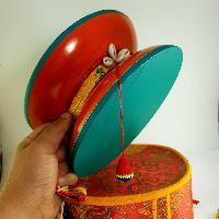 Tibetan Chod Damaru Round, [large], Wooden And Leather, With Brocade Damaru Drum Cover And Damaru Brocade Tail