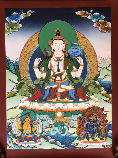 Tibetan Thangka Of Chenrezig With [real Gold], Aka [kharcheri, Avalokitesvara]