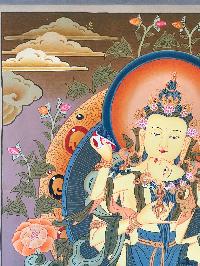 Tibetan Thangka Of Vajrasattva With Consort, [shakti], Yab-yum [light Color], Real Gold