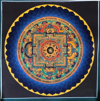 Tibetan Square Mandala With [hindi Om], [black And Dark Blue]