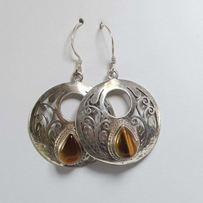 Silver Earring With [tiger Eye Stone]