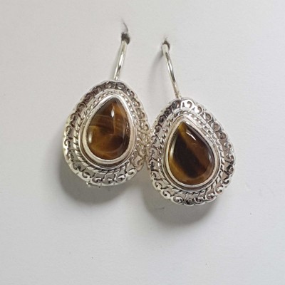 Silver Earring With [tiger Eye Stone]