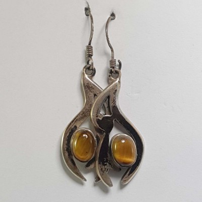 Silver Earring With [tiger Eye Stone]