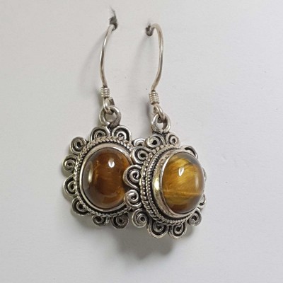 Silver Earring With [tiger Eye Stone]