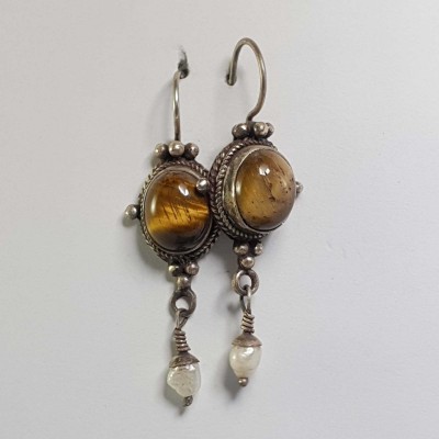 Silver Earring With [tiger Eye Stone]