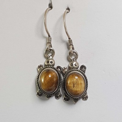 Silver Earring With [tiger Eye Stone]