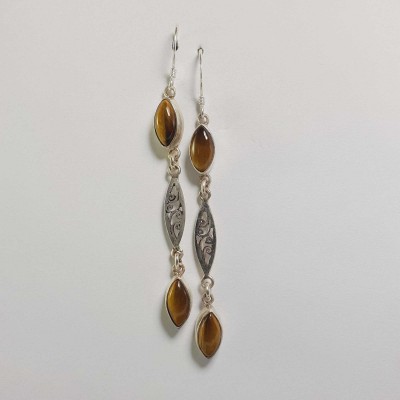 Silver Earring With [tiger Eye Stone]